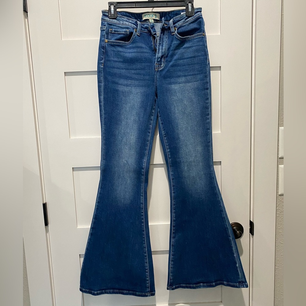 Rockin' C Women's Dark Wash High Rise Basic Flare Leg Jeans, Size 28